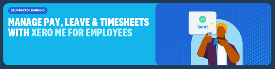 Illustration of a person holding a smartphone and pointing to a floating notification card that displays a green checkmark and the word “Sent!”. Text: Self-paced learning, Manage pay, leave & timesheets with Xero Me for employees